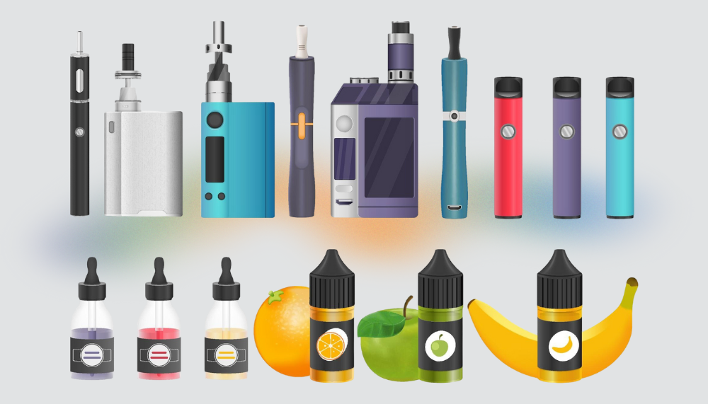 Vaping devices including pod systems, disposable vapes, and advanced mods